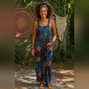 Boho Patchwork Overalls Size M Multicolor Floral Paisley Indie Funky